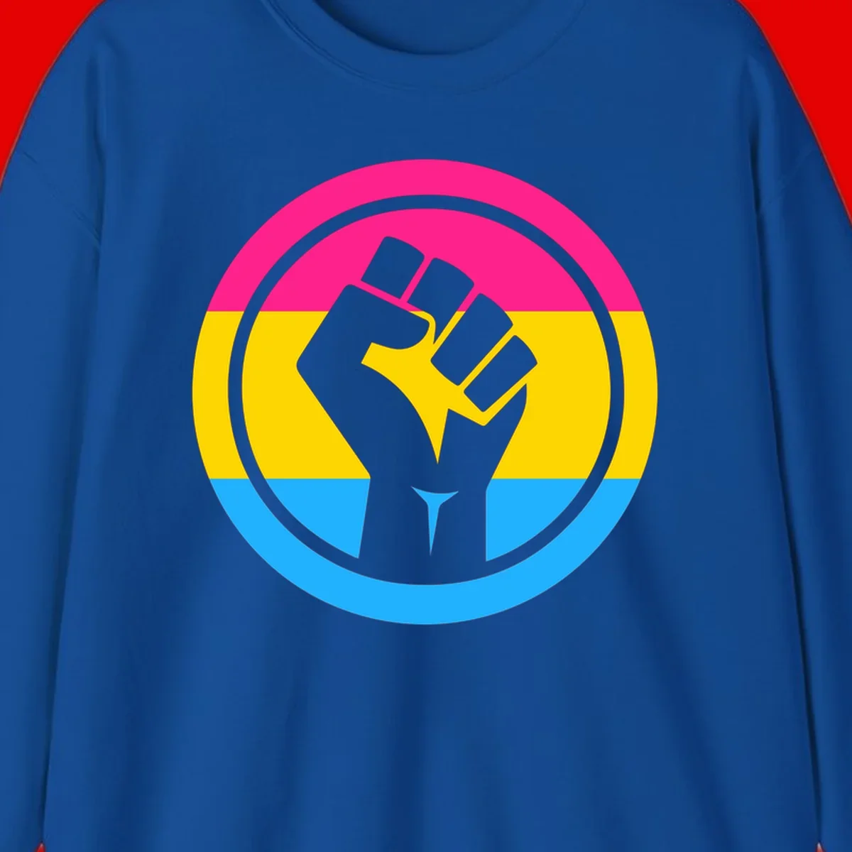 Raised fist silhouette in circular badge with magenta, yellow, and blue pride stripes symbolizing fist-pride-power and activism
