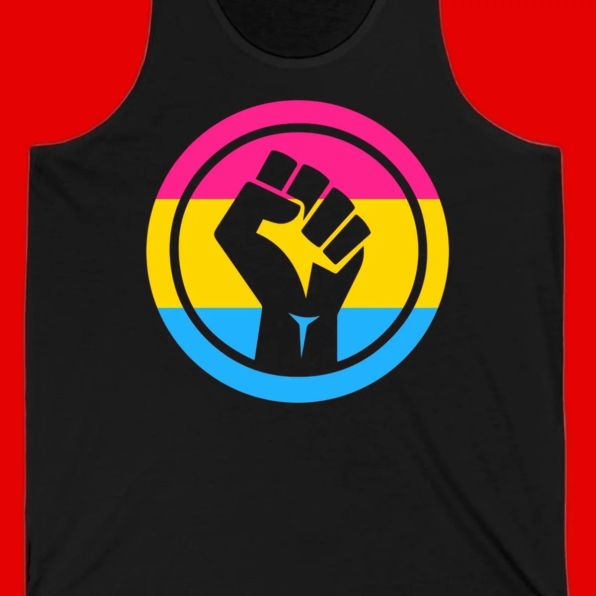 Raised fist silhouette in circular badge with magenta, yellow, and blue pride stripes symbolizing fist-pride-power and activism