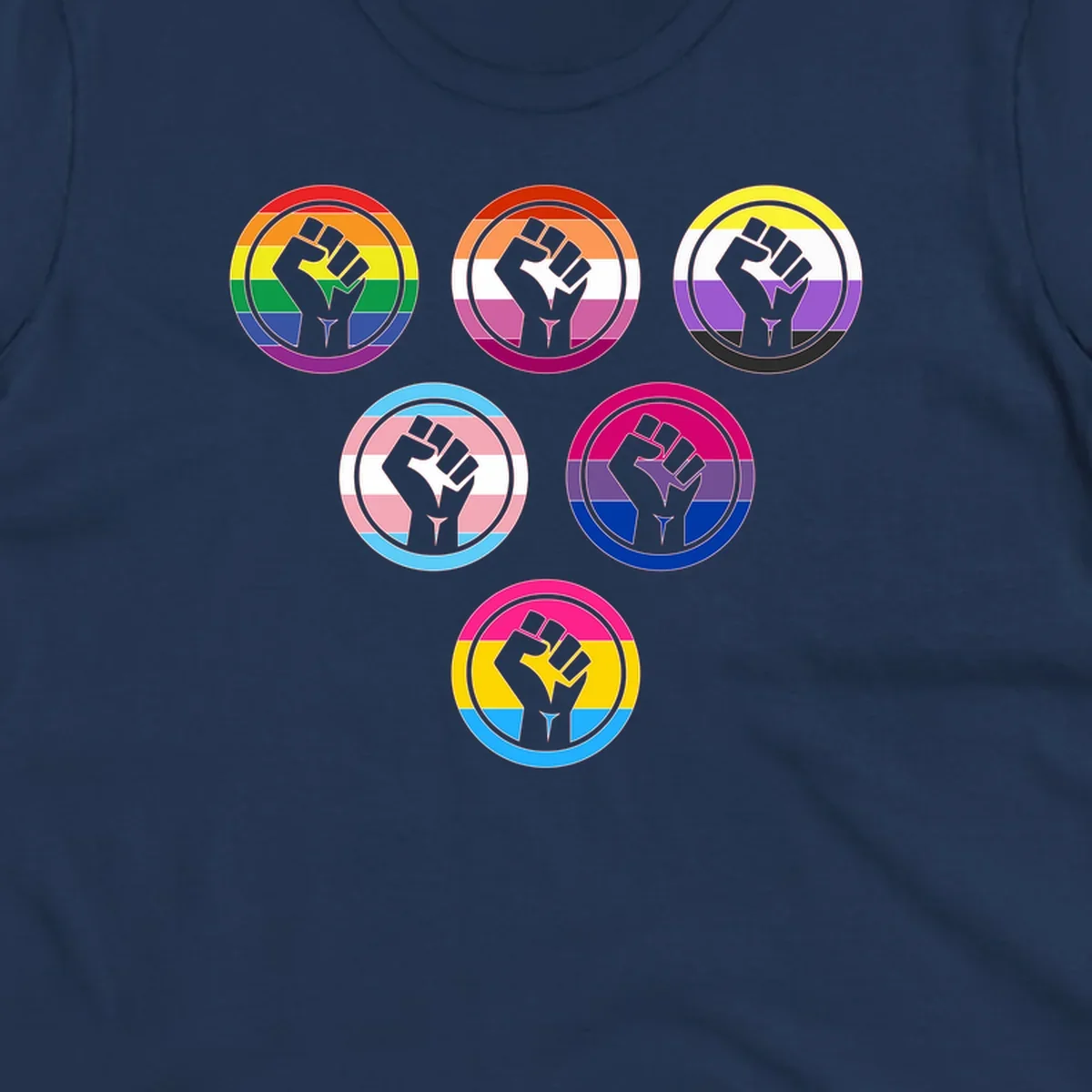 Six circular badge designs with raised fist symbols in different pride flag color schemes including rainbow, trans, and pansexual flags