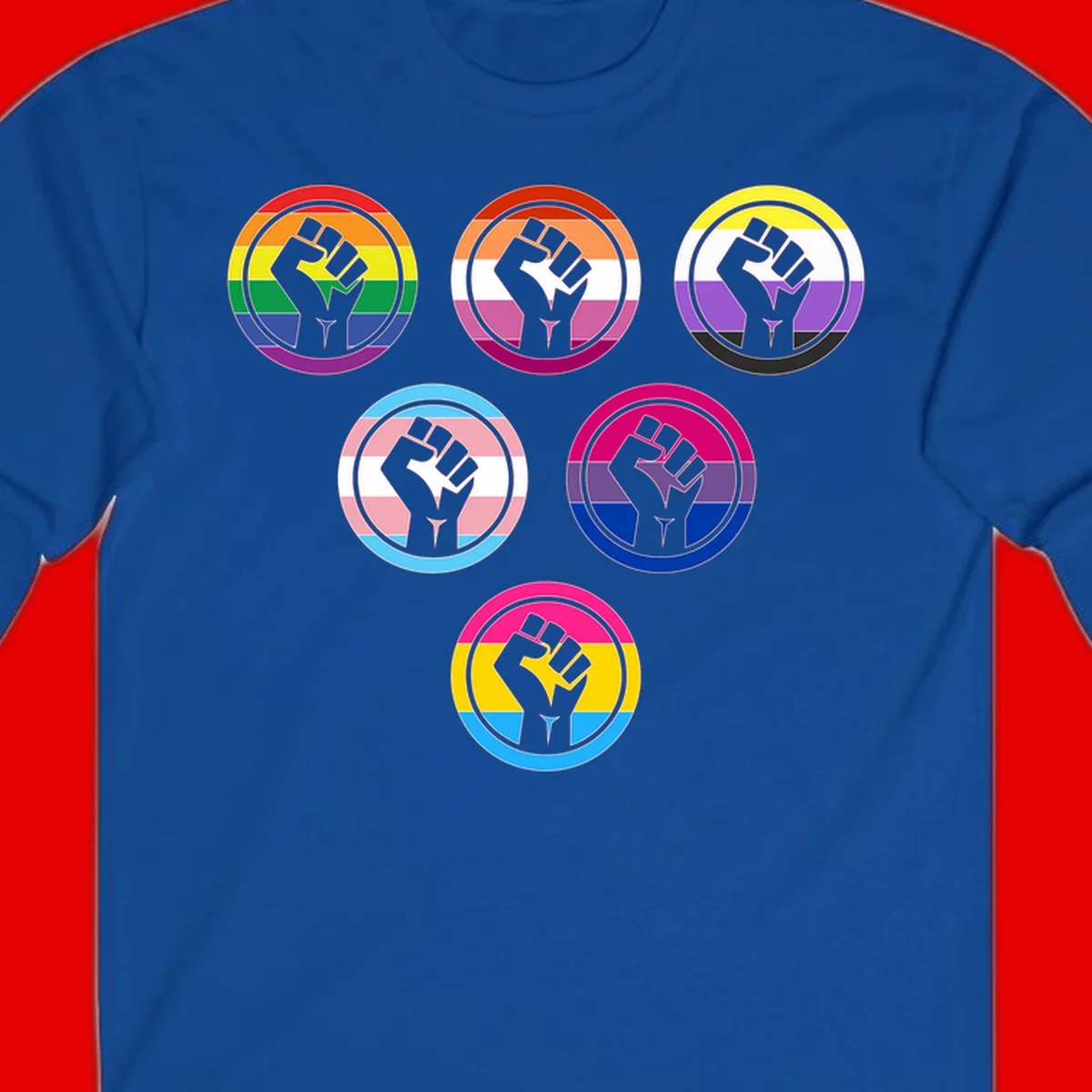 Six circular badge designs with raised fist symbols in different pride flag color schemes including rainbow, trans, and pansexual flags