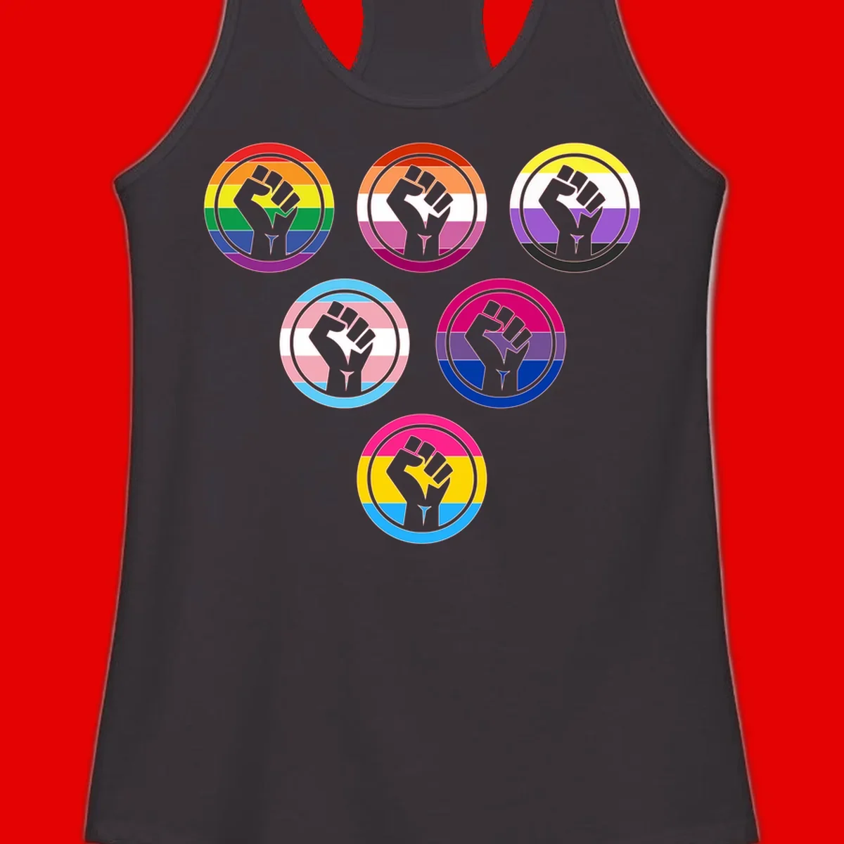 Six circular badge designs with raised fist symbols in different pride flag color schemes including rainbow, trans, and pansexual flags