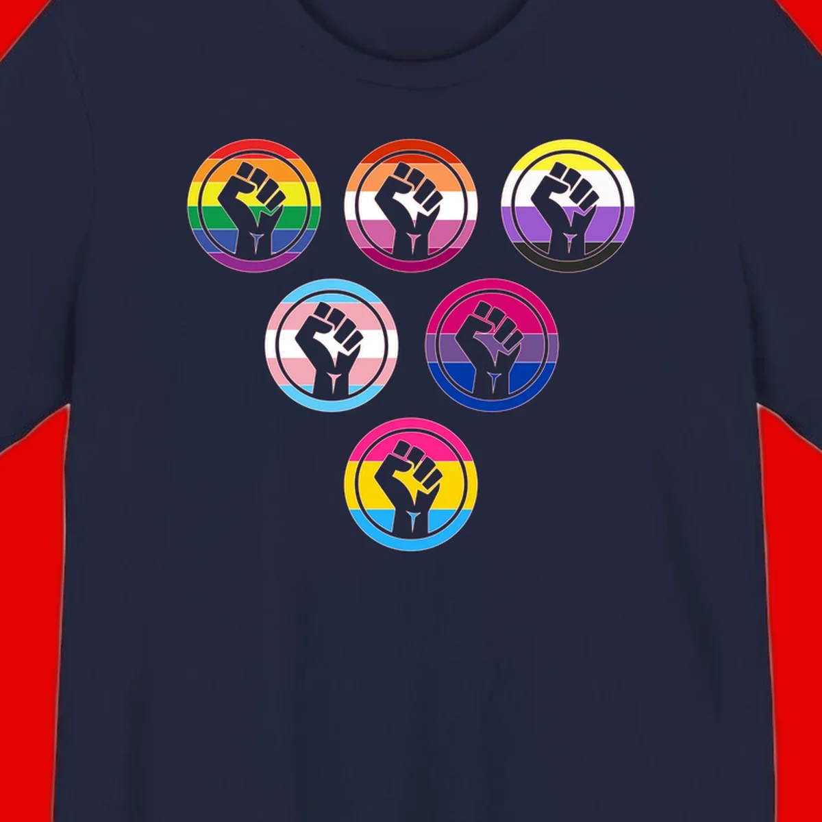 Six circular badge designs with raised fist symbols in different pride flag color schemes including rainbow, trans, and pansexual flags
