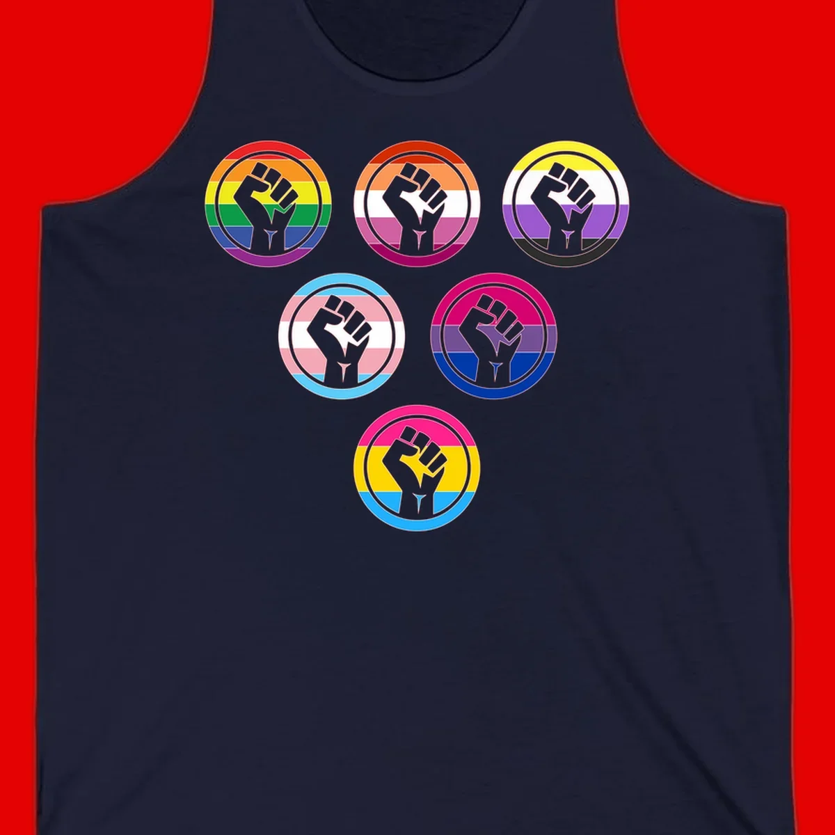 Six circular badge designs with raised fist symbols in different pride flag color schemes including rainbow, trans, and pansexual flags