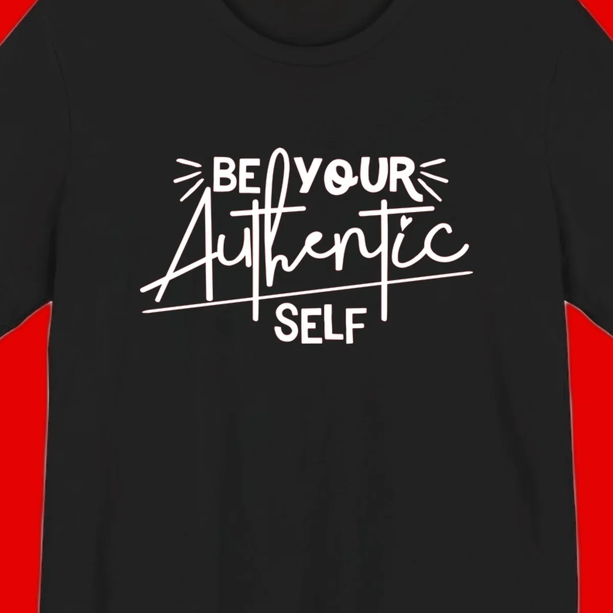 White hand-lettered text reading 'Be Your Authentic Self' with decorative radiating lines and a small heart on gray background