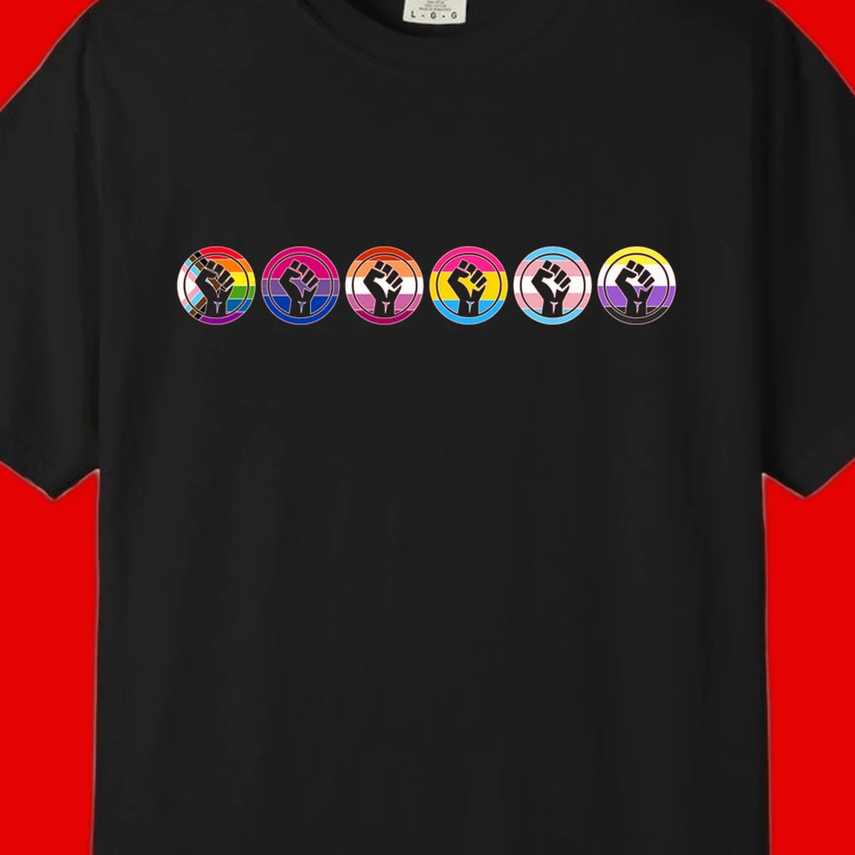 Raised fist symbol surrounded by concentric rainbow pride-colored circular rings representing LGBTQ+ unity and solidarity