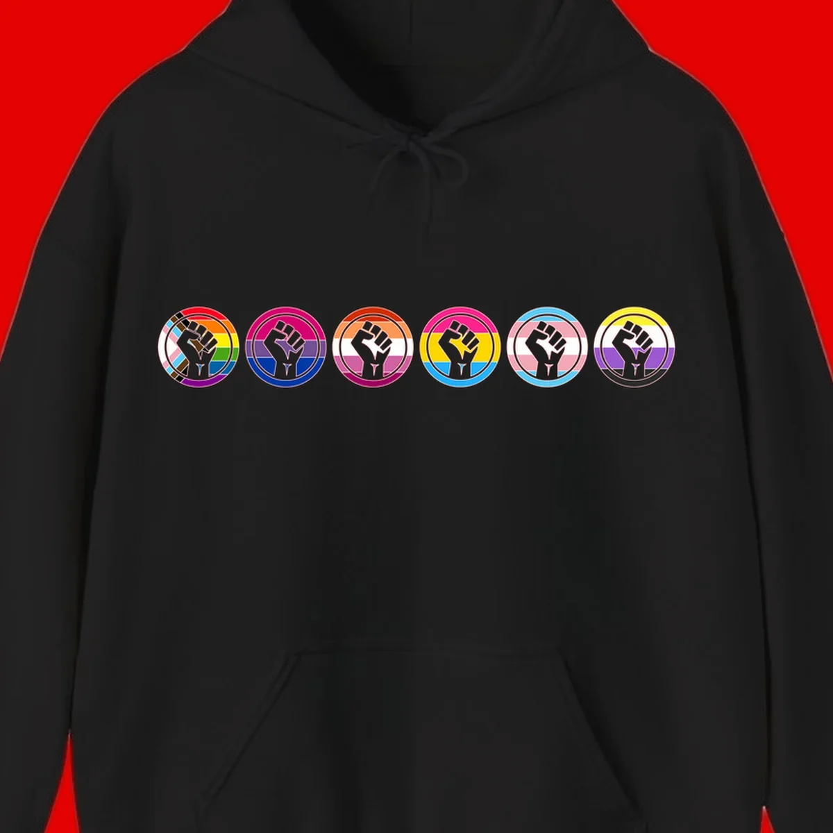 Raised fist symbol surrounded by concentric rainbow pride-colored circular rings representing LGBTQ+ unity and solidarity