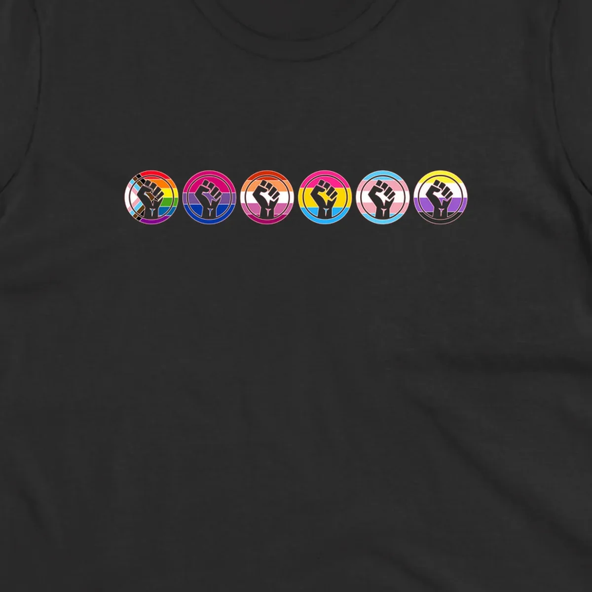 Raised fist symbol surrounded by concentric rainbow pride-colored circular rings representing LGBTQ+ unity and solidarity