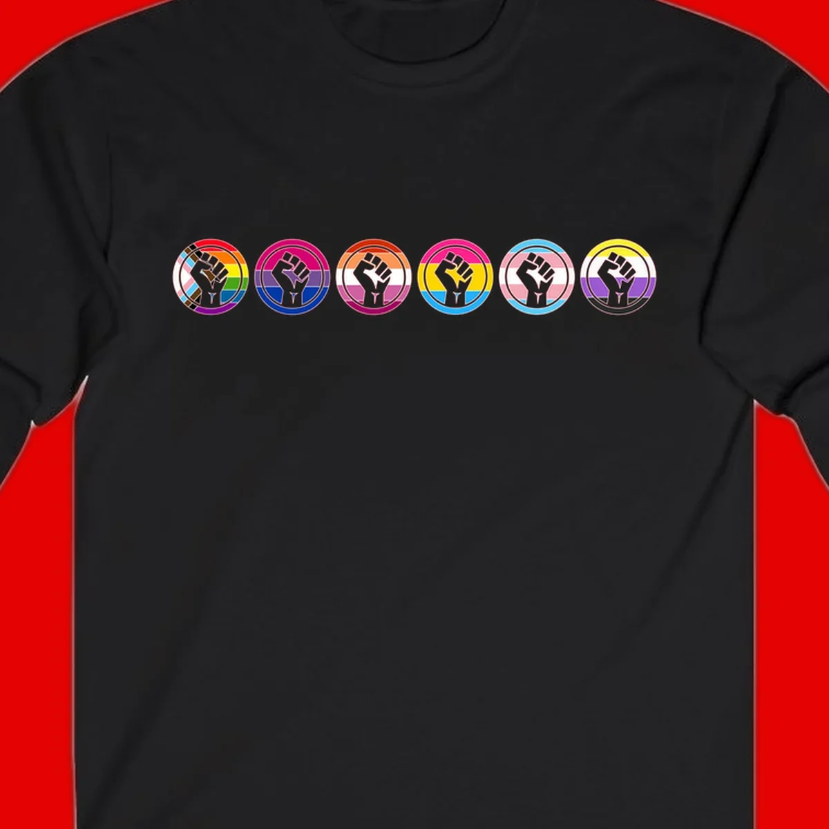 Raised fist symbol surrounded by concentric rainbow pride-colored circular rings representing LGBTQ+ unity and solidarity