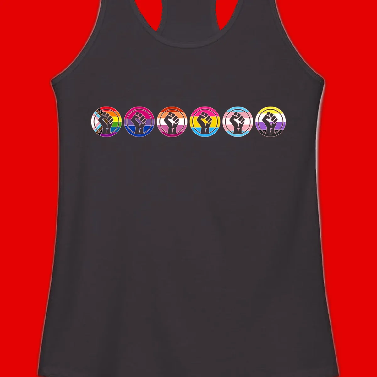 Raised fist symbol surrounded by concentric rainbow pride-colored circular rings representing LGBTQ+ unity and solidarity