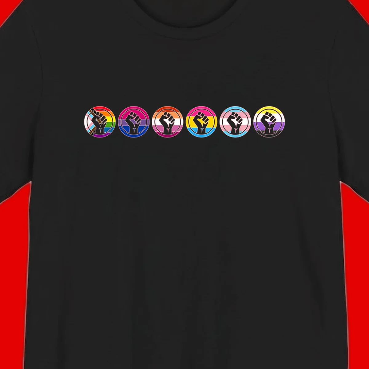 Raised fist symbol surrounded by concentric rainbow pride-colored circular rings representing LGBTQ+ unity and solidarity