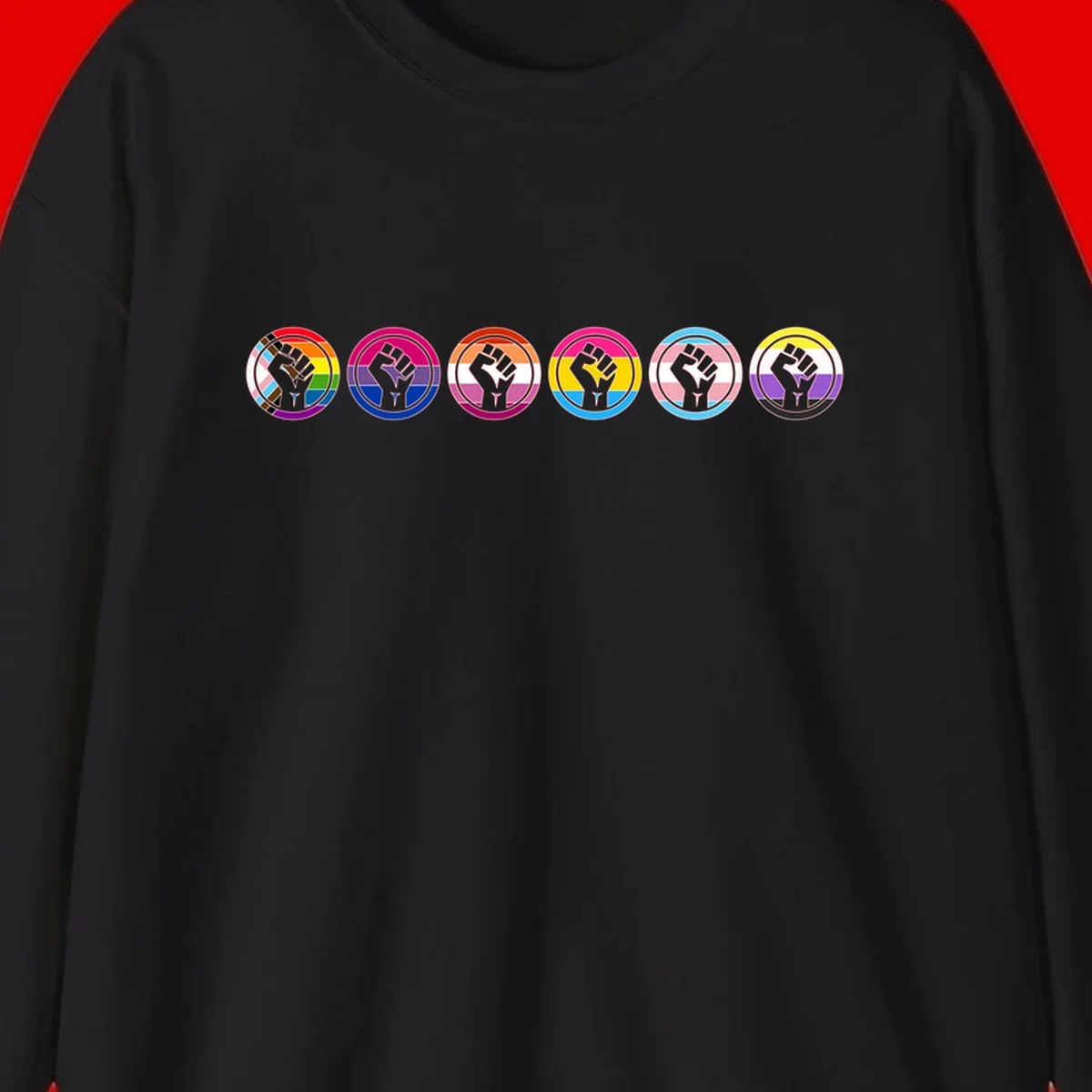 Raised fist symbol surrounded by concentric rainbow pride-colored circular rings representing LGBTQ+ unity and solidarity