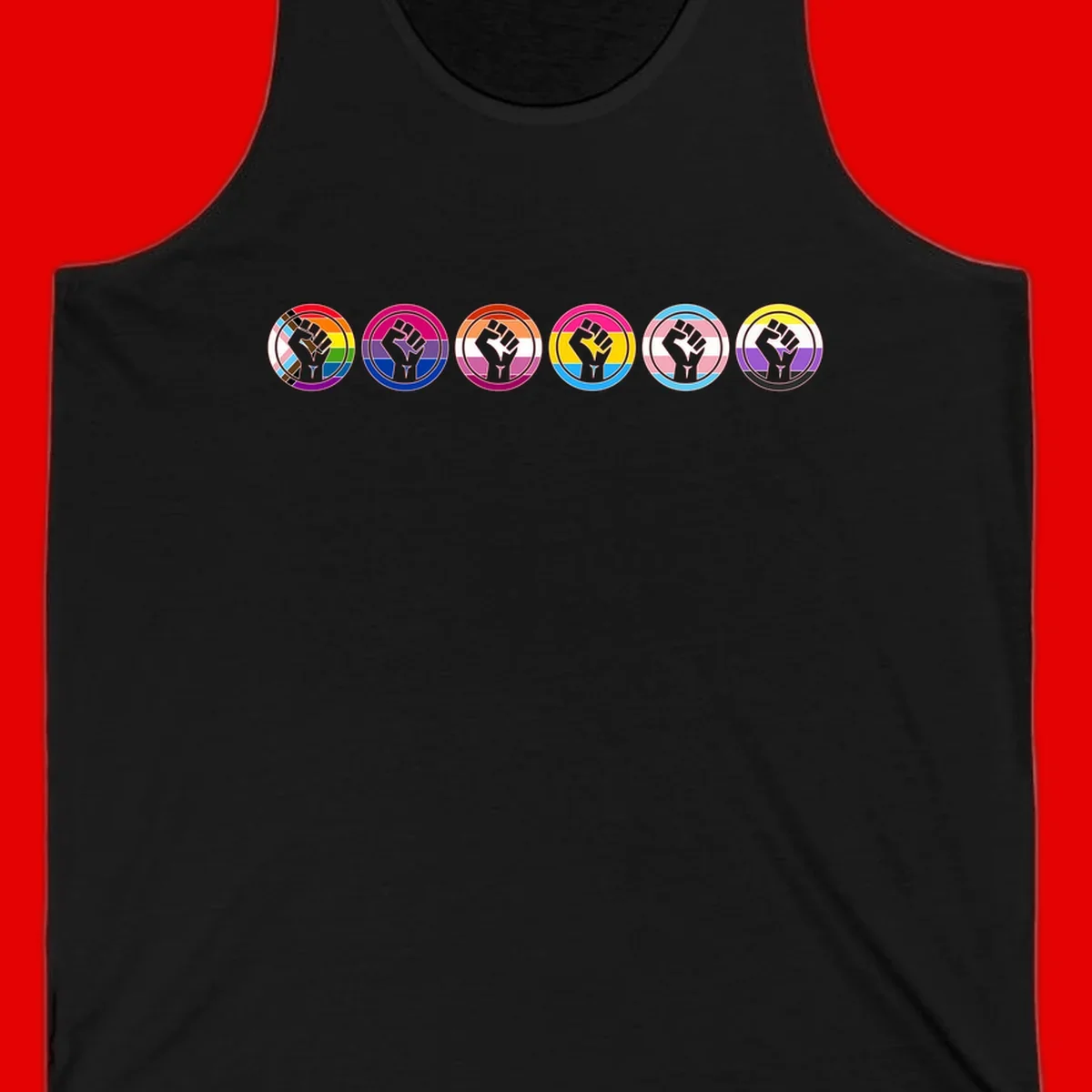 Raised fist symbol surrounded by concentric rainbow pride-colored circular rings representing LGBTQ+ unity and solidarity