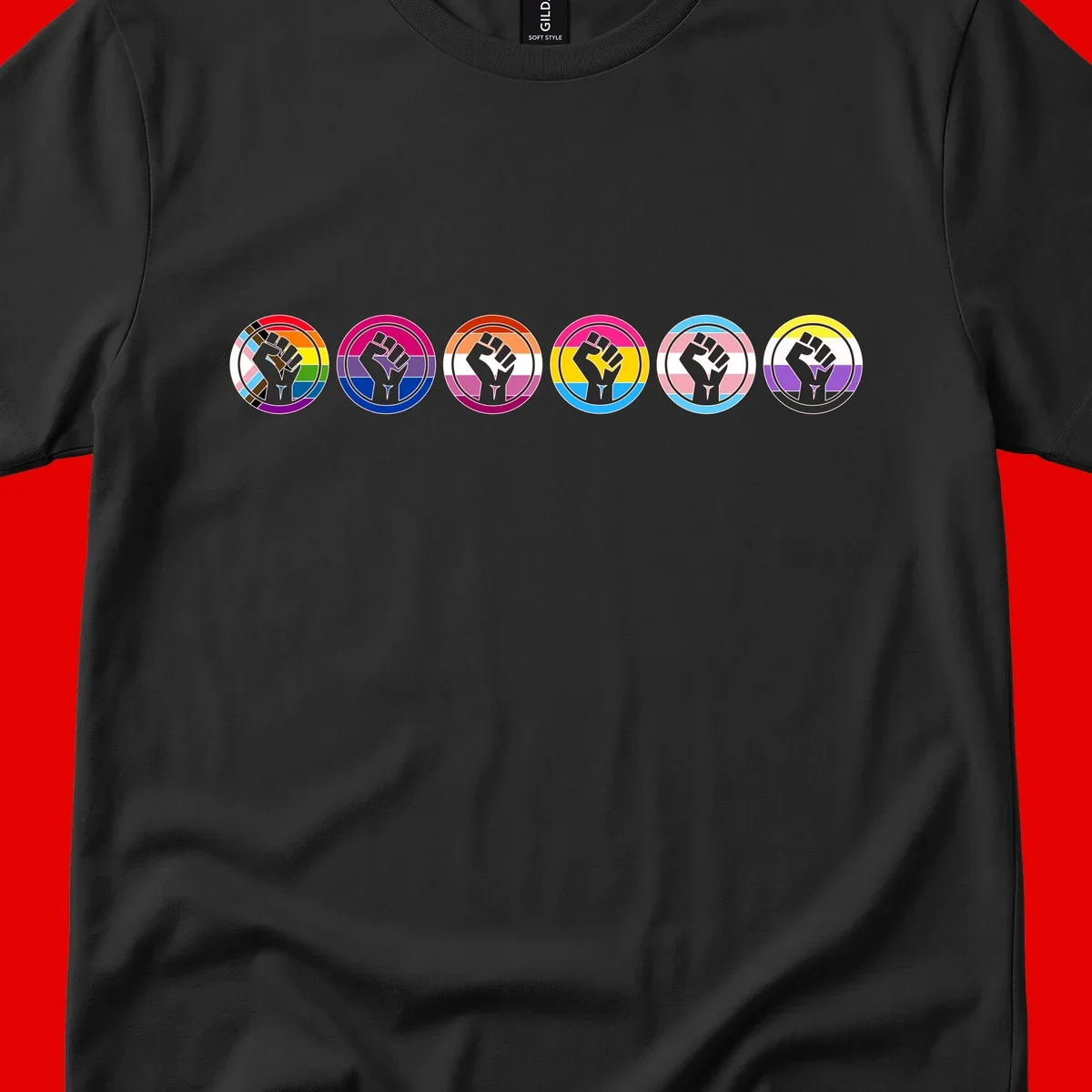 Raised fist symbol surrounded by concentric rainbow pride-colored circular rings representing LGBTQ+ unity and solidarity