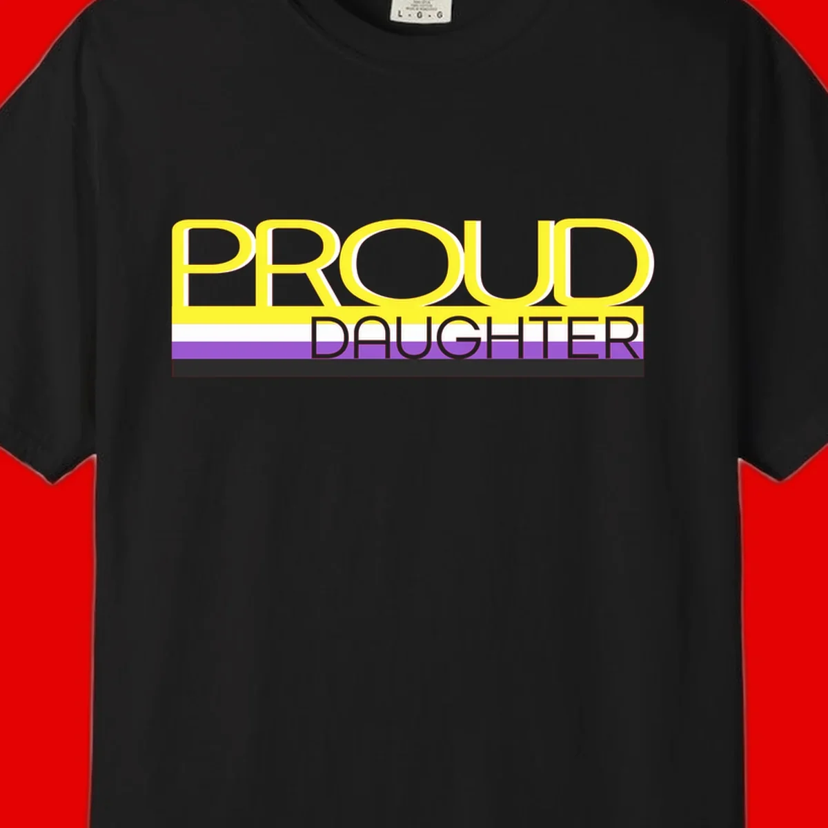 Proud daughter pride flag design with yellow text and lesbian pride stripes in yellow, white, and purple horizontal bands