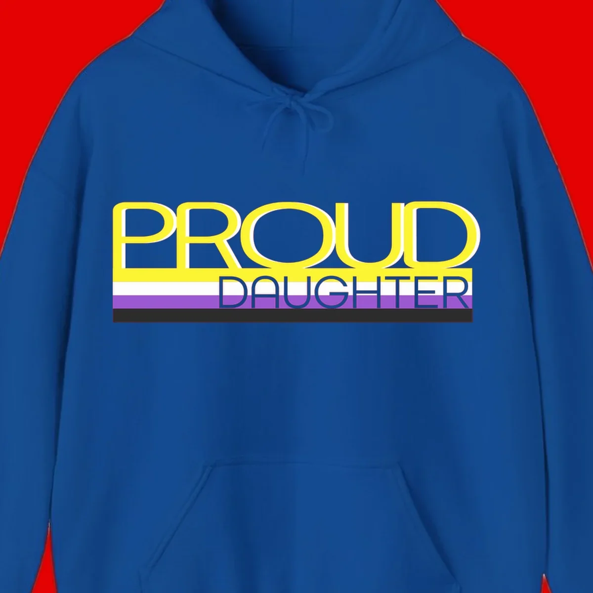 Proud daughter pride flag design with yellow text and lesbian pride stripes in yellow, white, and purple horizontal bands
