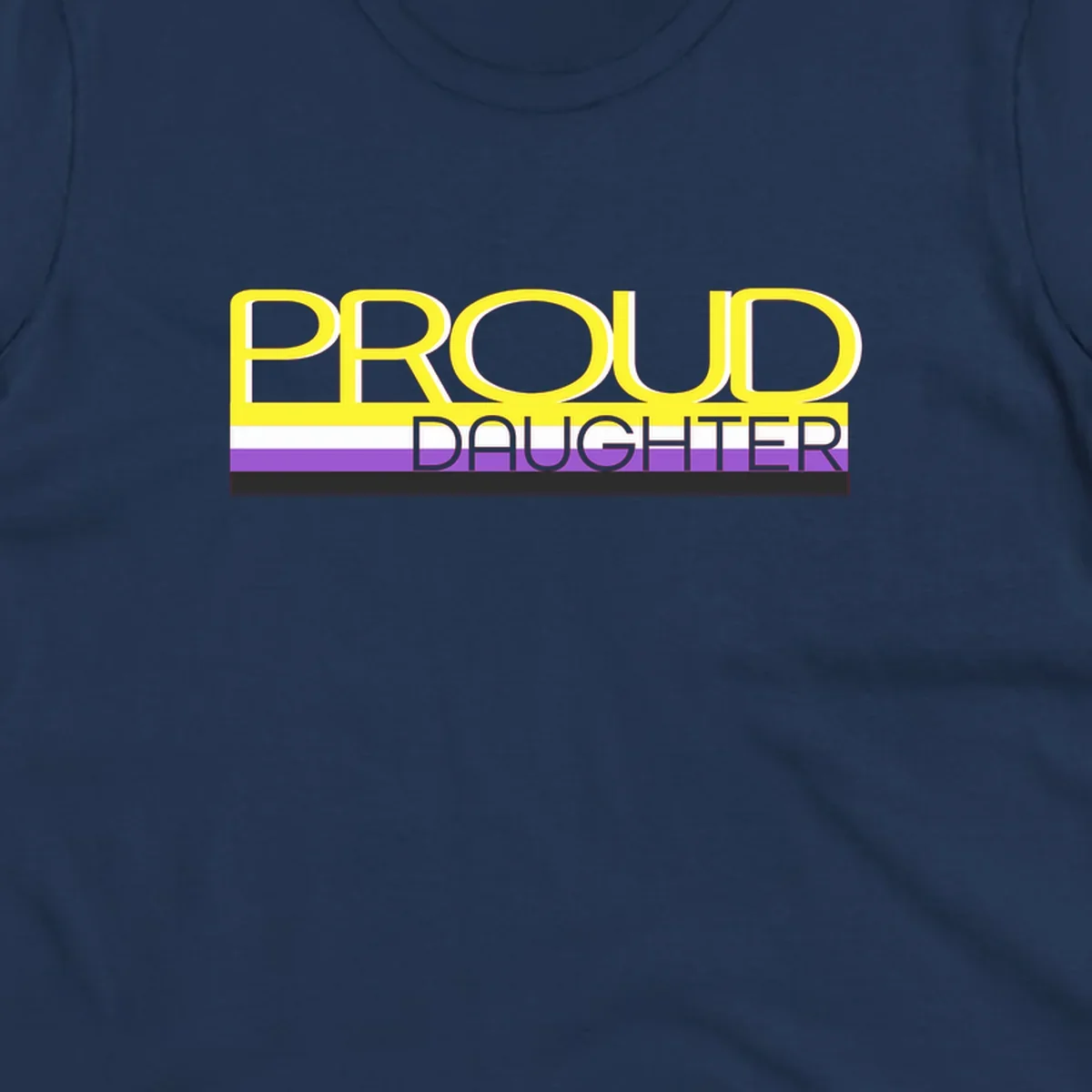 Proud daughter pride flag design with yellow text and lesbian pride stripes in yellow, white, and purple horizontal bands