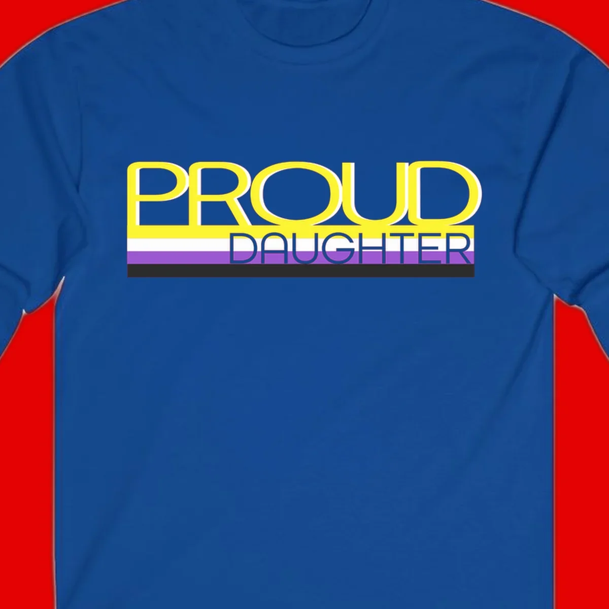 Proud daughter pride flag design with yellow text and lesbian pride stripes in yellow, white, and purple horizontal bands