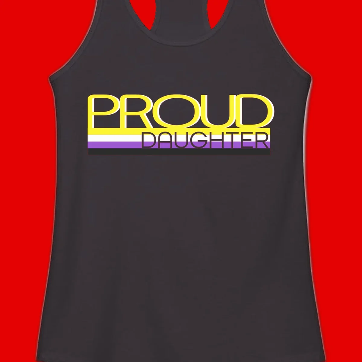 Proud daughter pride flag design with yellow text and lesbian pride stripes in yellow, white, and purple horizontal bands
