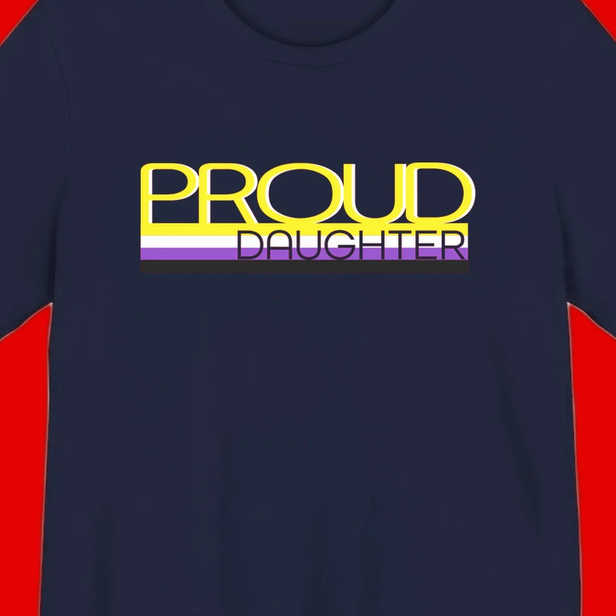 Proud daughter pride flag design with yellow text and lesbian pride stripes in yellow, white, and purple horizontal bands