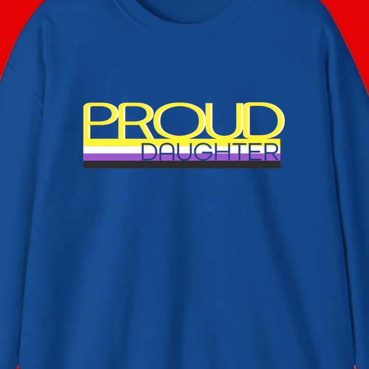 Proud daughter pride flag design with yellow text and lesbian pride stripes in yellow, white, and purple horizontal bands