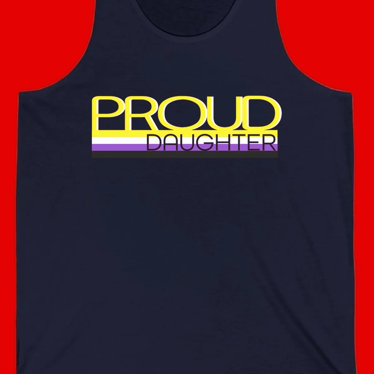Proud daughter pride flag design with yellow text and lesbian pride stripes in yellow, white, and purple horizontal bands