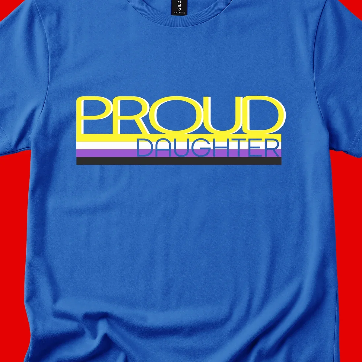 Proud daughter pride flag design with yellow text and lesbian pride stripes in yellow, white, and purple horizontal bands