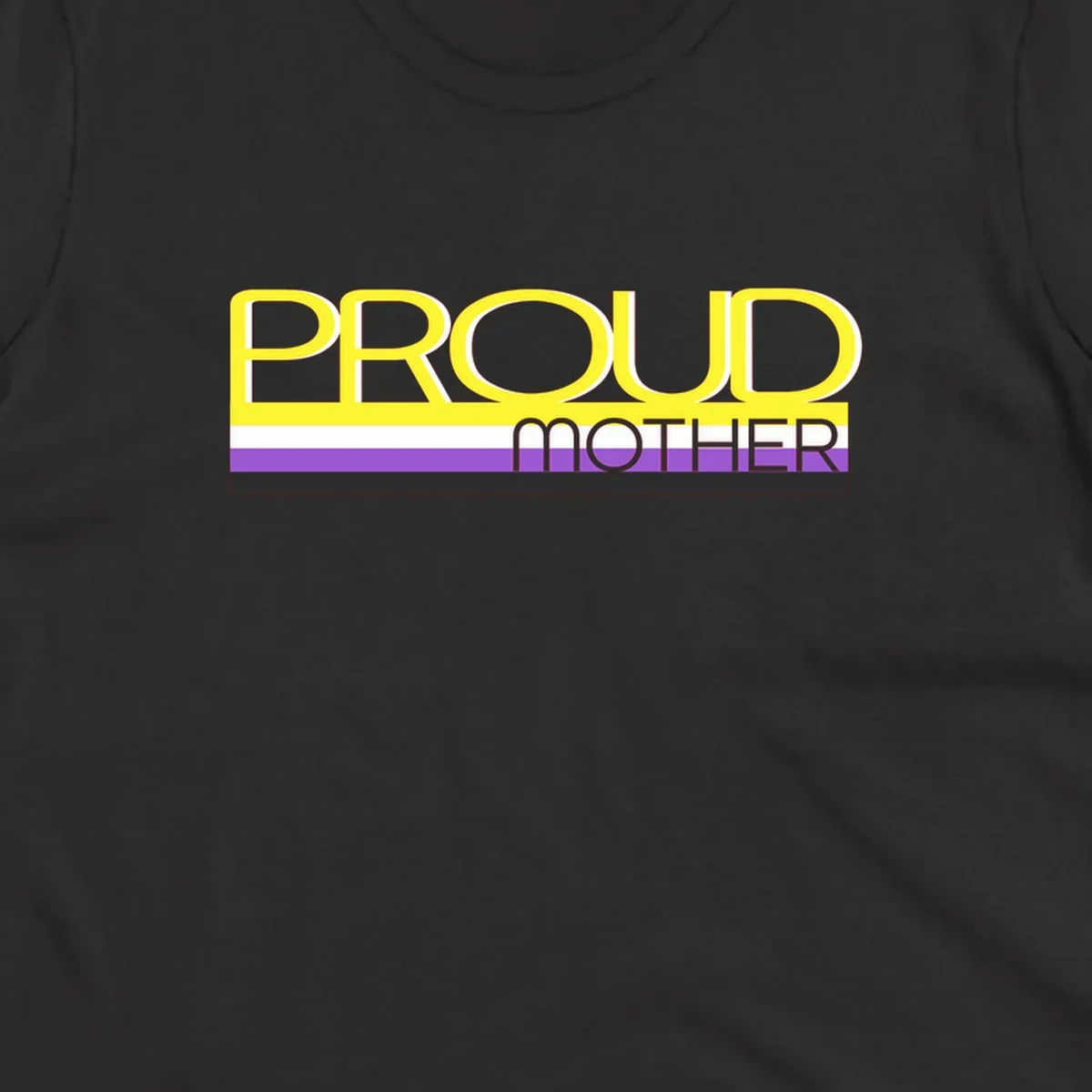Bold yellow 'PROUD MOTHER' text with purple, white, and black horizontal pride stripes below on gray background