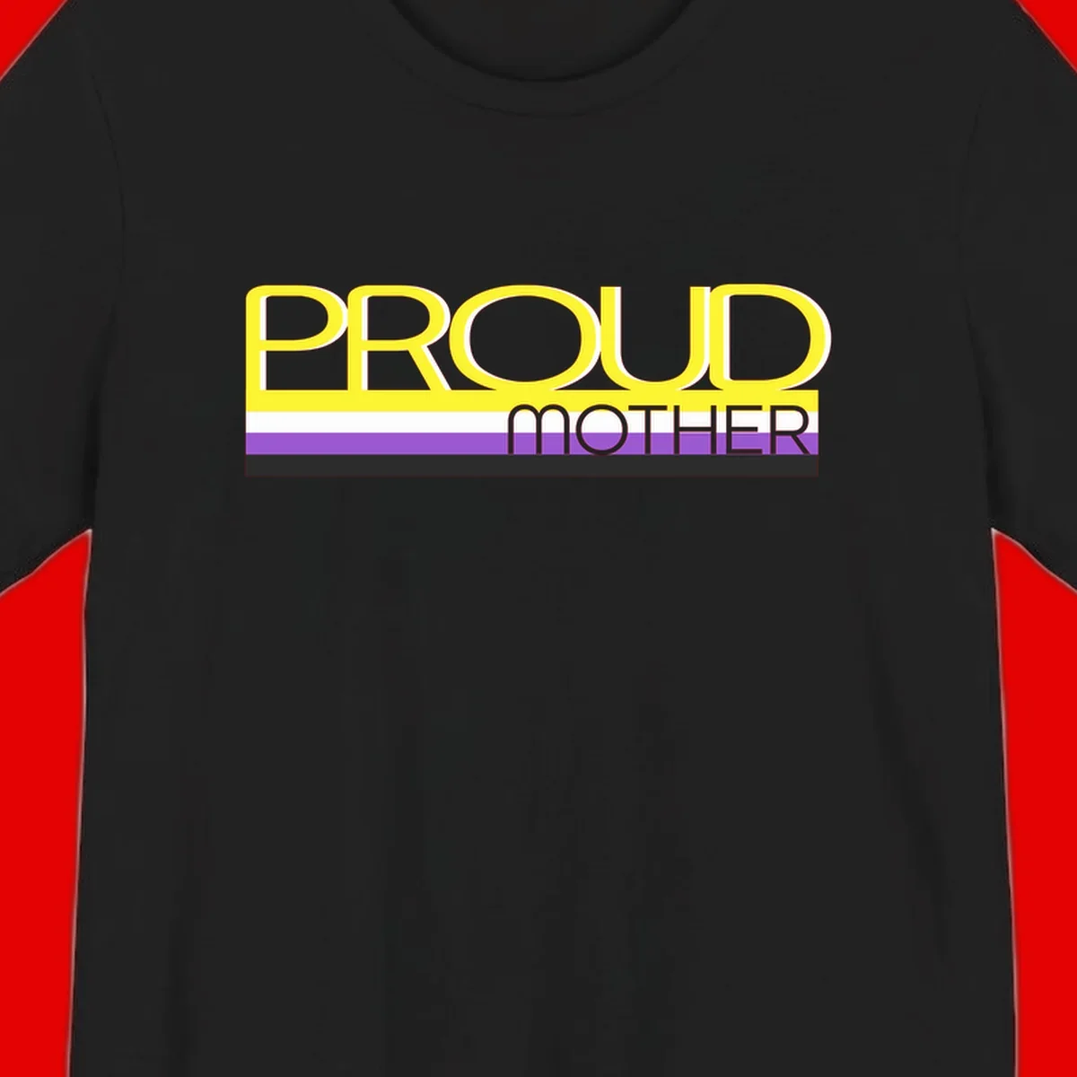 Bold yellow 'PROUD MOTHER' text with purple, white, and black horizontal pride stripes below on gray background