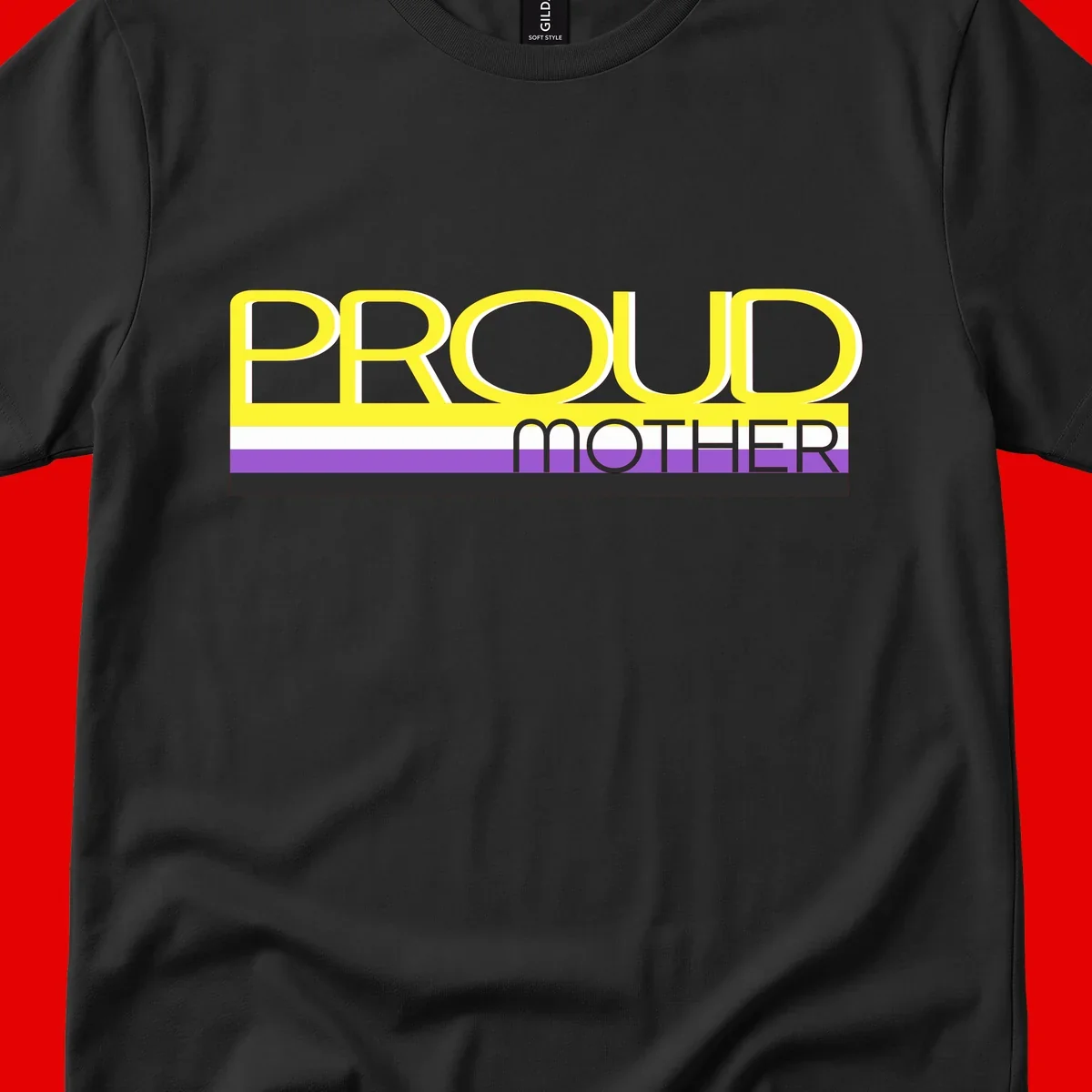 Bold yellow 'PROUD MOTHER' text with purple, white, and black horizontal pride stripes below on gray background