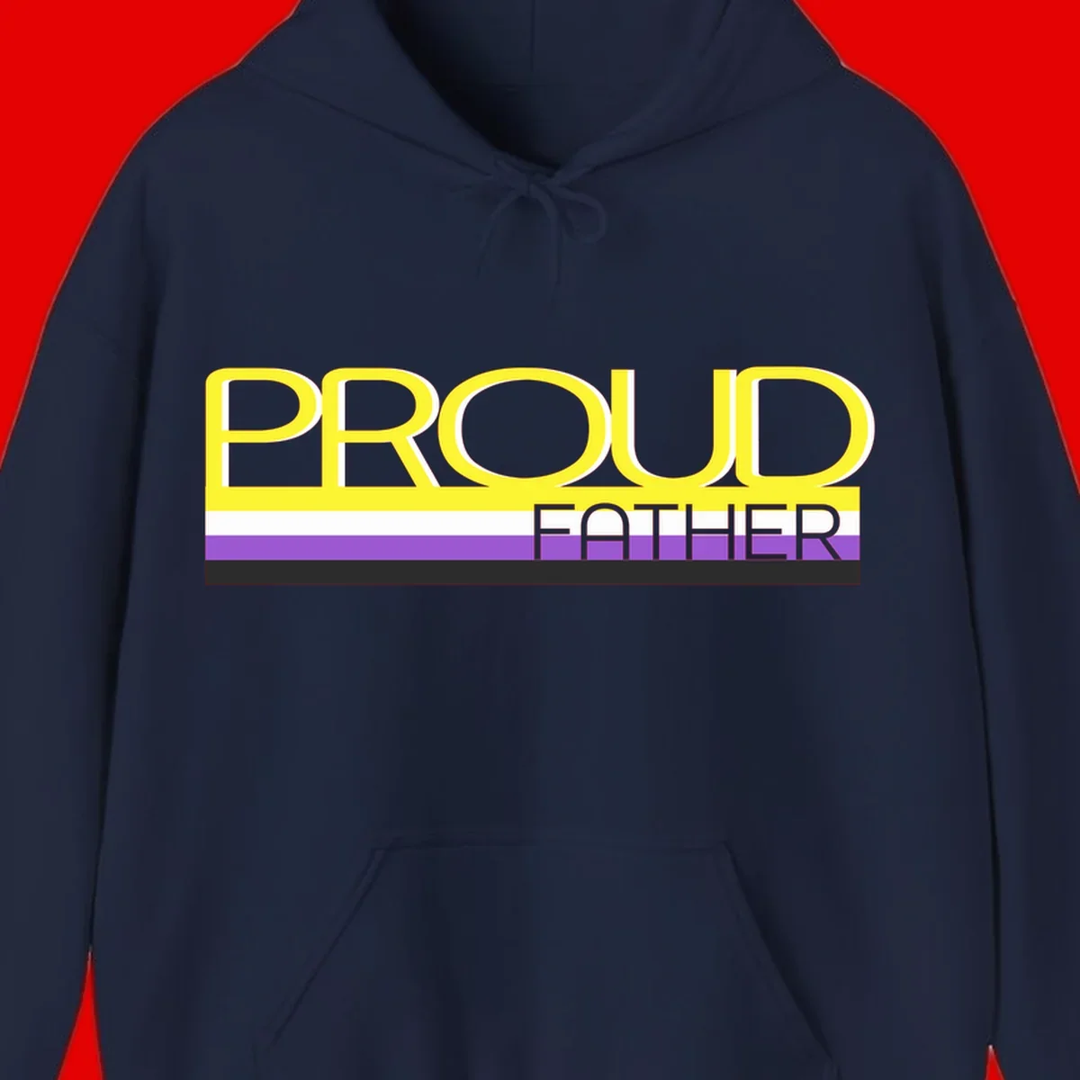Yellow and gray text reading 'PROUD FATHER' separated by purple, white, and black horizontal pride flag stripes on gray background