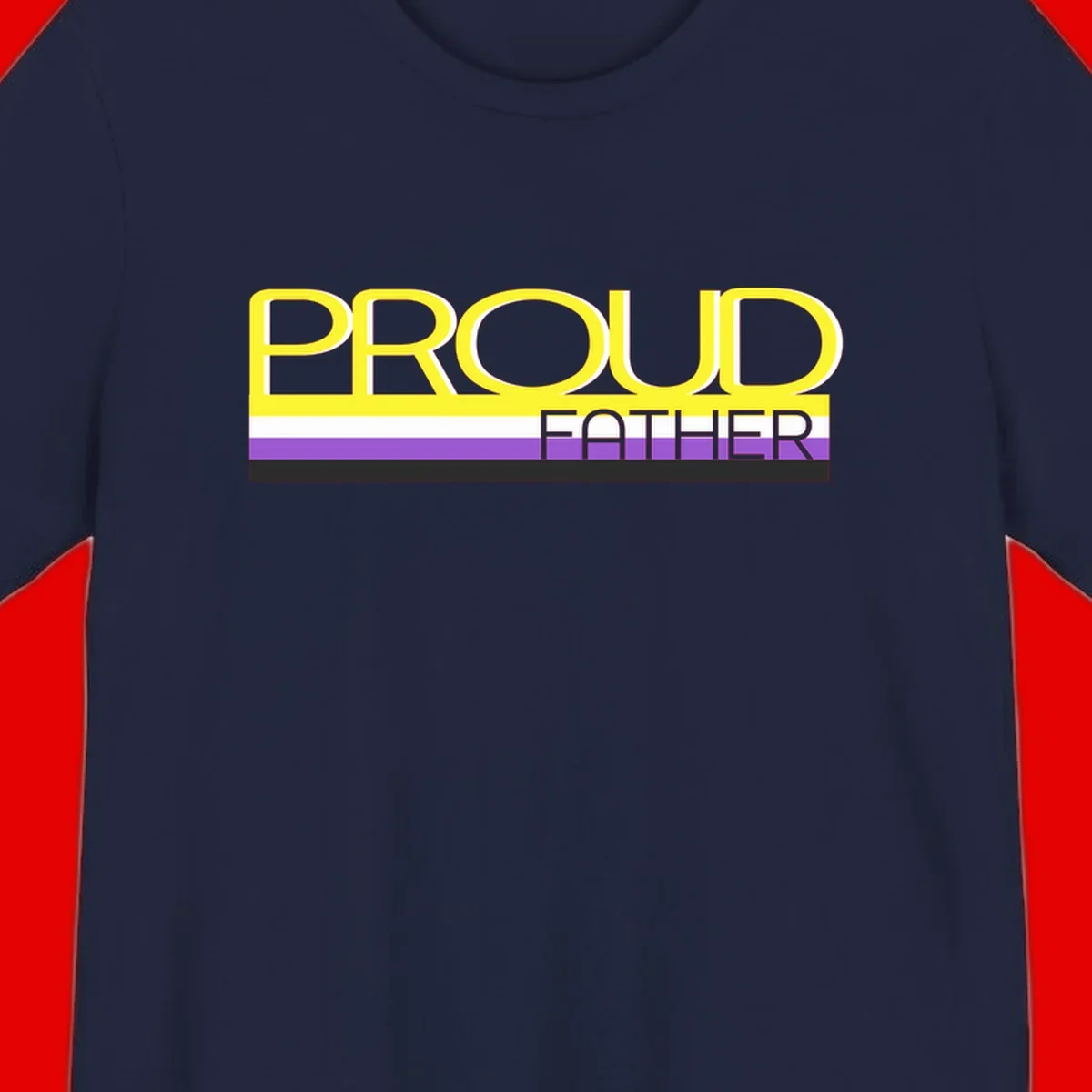 Yellow and gray text reading 'PROUD FATHER' separated by purple, white, and black horizontal pride flag stripes on gray background