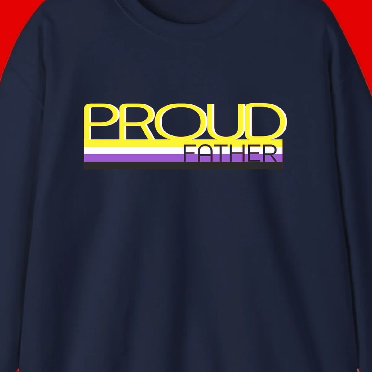 Yellow and gray text reading 'PROUD FATHER' separated by purple, white, and black horizontal pride flag stripes on gray background