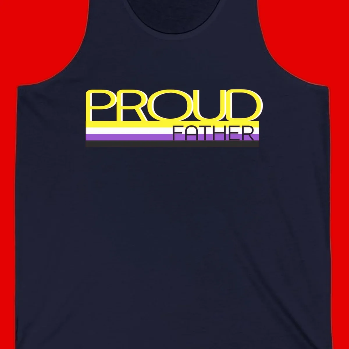 Yellow and gray text reading 'PROUD FATHER' separated by purple, white, and black horizontal pride flag stripes on gray background