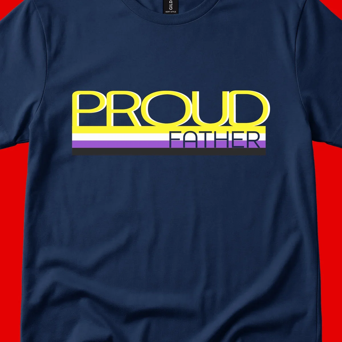 Yellow and gray text reading 'PROUD FATHER' separated by purple, white, and black horizontal pride flag stripes on gray background