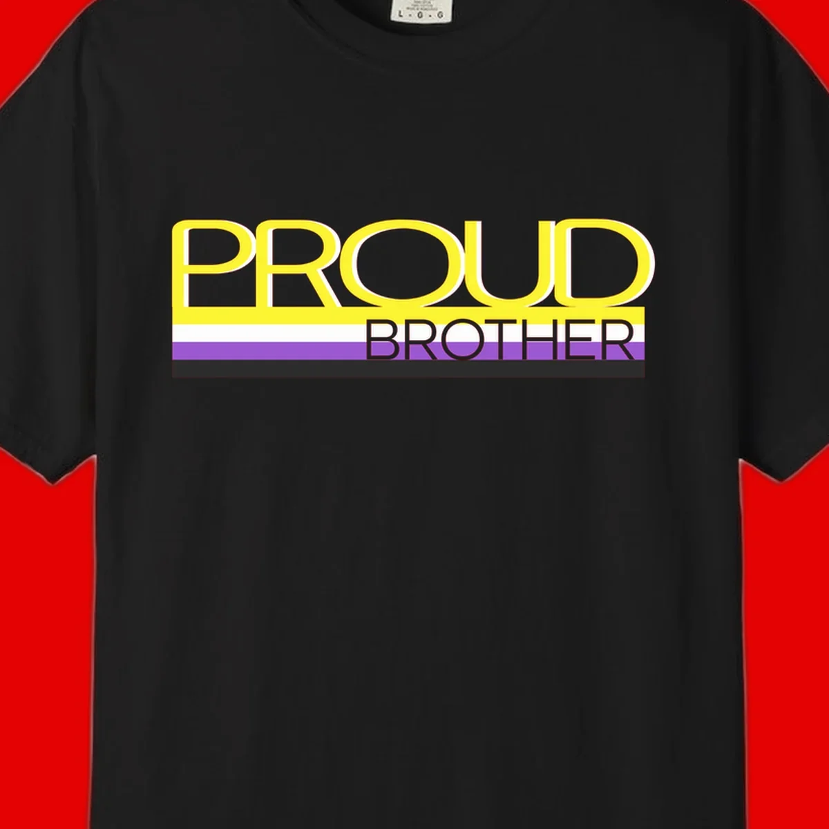 Yellow text reading 'PROUD BROTHER' with horizontal pride flag stripes in white, purple, and black on gray background