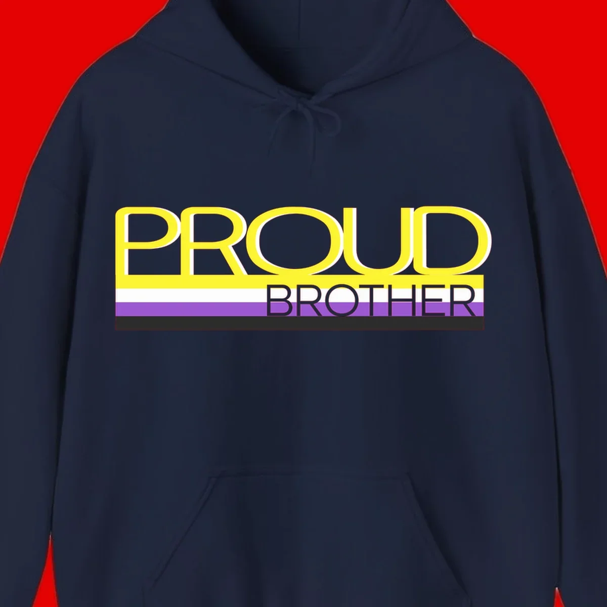 Yellow text reading 'PROUD BROTHER' with horizontal pride flag stripes in white, purple, and black on gray background
