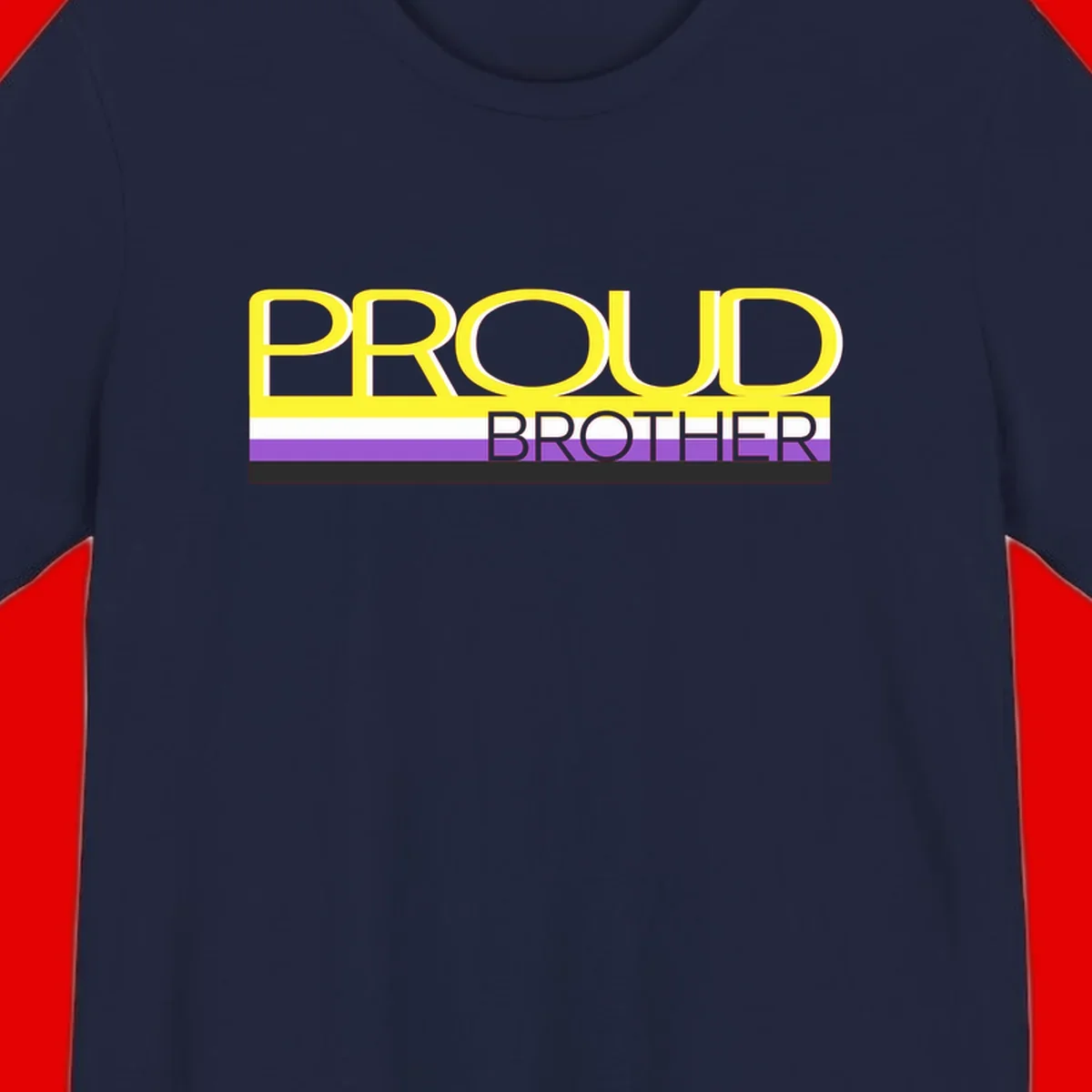 Yellow text reading 'PROUD BROTHER' with horizontal pride flag stripes in white, purple, and black on gray background