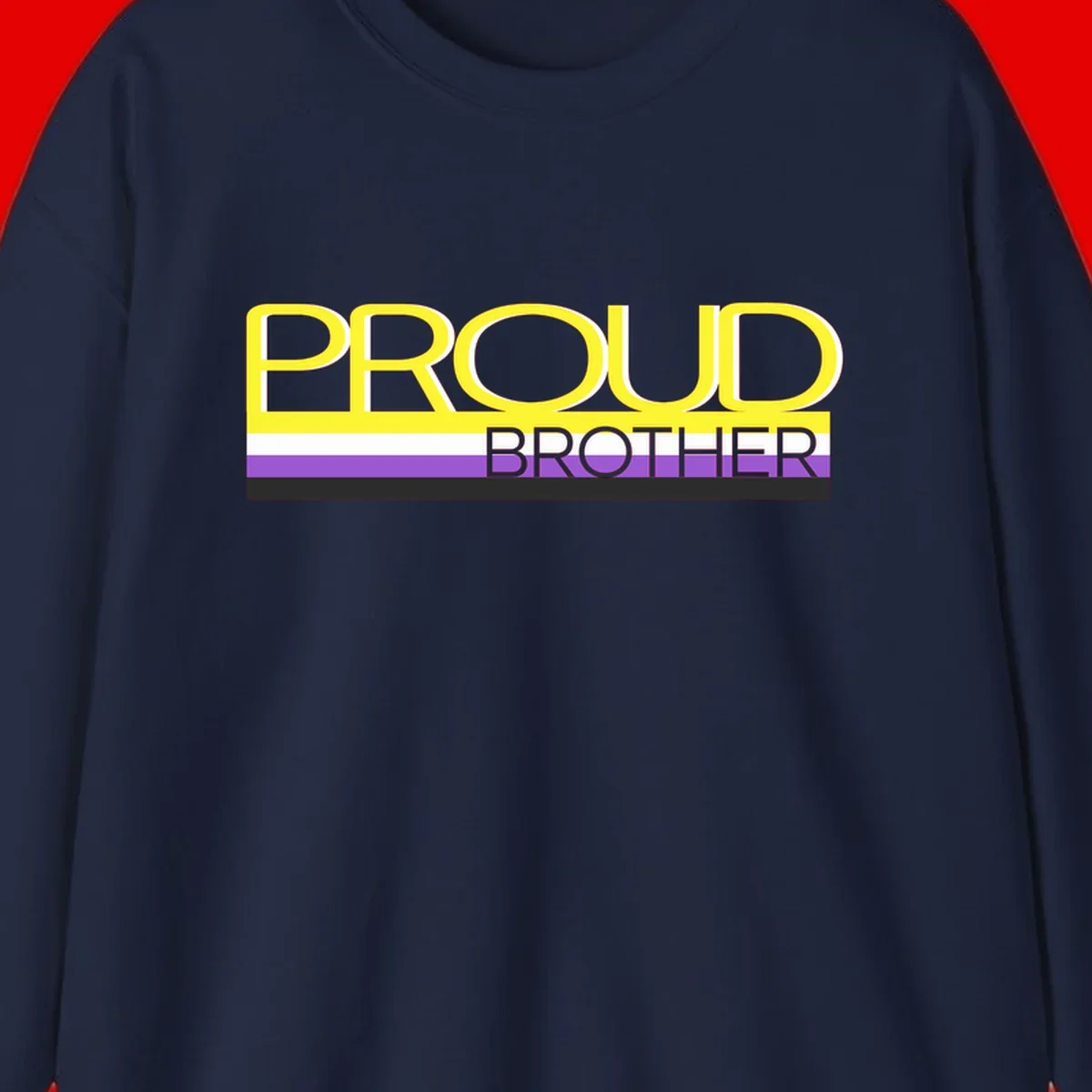 Yellow text reading 'PROUD BROTHER' with horizontal pride flag stripes in white, purple, and black on gray background