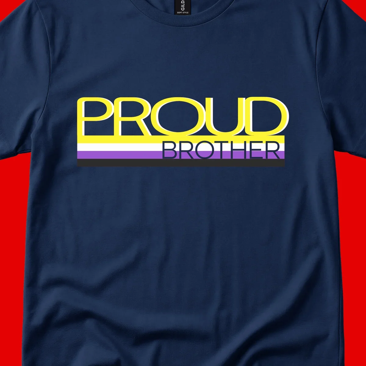 Yellow text reading 'PROUD BROTHER' with horizontal pride flag stripes in white, purple, and black on gray background