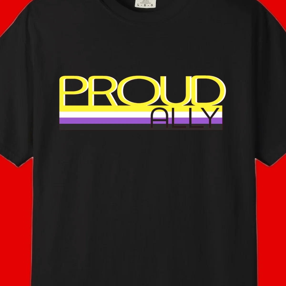 Bold yellow 'PROUD ALLY' text on striped background with purple and white pride flag colors