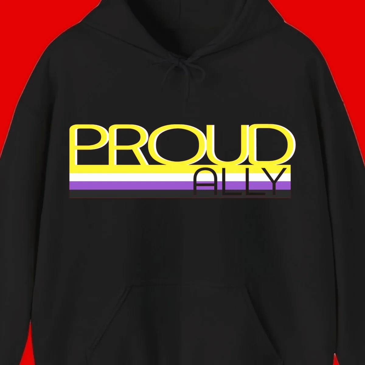 Bold yellow 'PROUD ALLY' text on striped background with purple and white pride flag colors