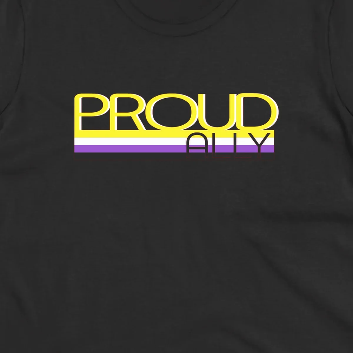 Bold yellow 'PROUD ALLY' text on striped background with purple and white pride flag colors