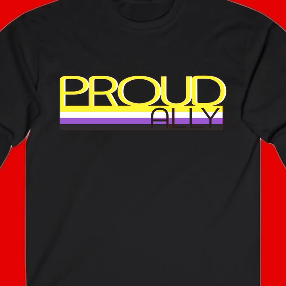 Bold yellow 'PROUD ALLY' text on striped background with purple and white pride flag colors