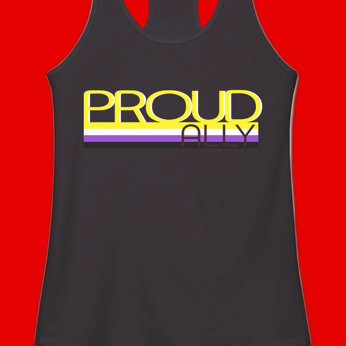 Bold yellow 'PROUD ALLY' text on striped background with purple and white pride flag colors