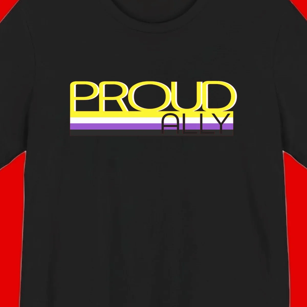 Bold yellow 'PROUD ALLY' text on striped background with purple and white pride flag colors
