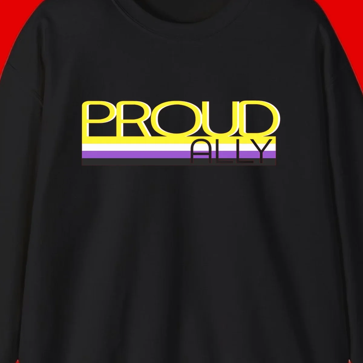 Bold yellow 'PROUD ALLY' text on striped background with purple and white pride flag colors