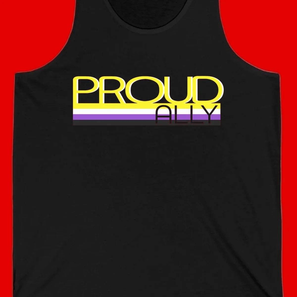 Bold yellow 'PROUD ALLY' text on striped background with purple and white pride flag colors