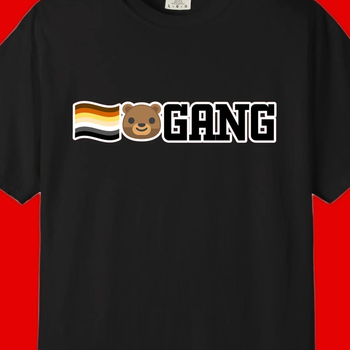 Bear gang pride design with smiling brown bear face, bear pride flag stripes, and bold 'GANG' text