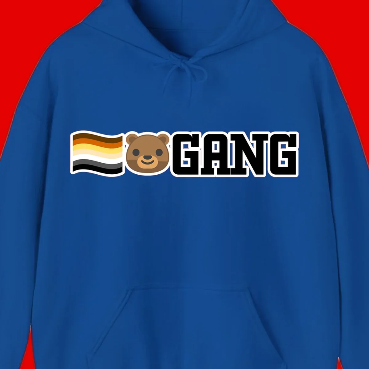 Bear gang pride design with smiling brown bear face, bear pride flag stripes, and bold 'GANG' text