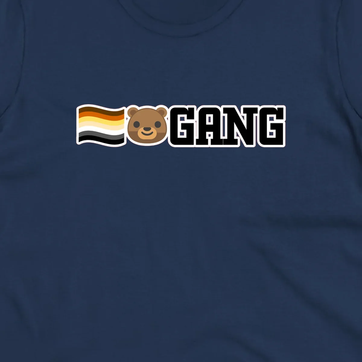 Bear gang pride design with smiling brown bear face, bear pride flag stripes, and bold 'GANG' text